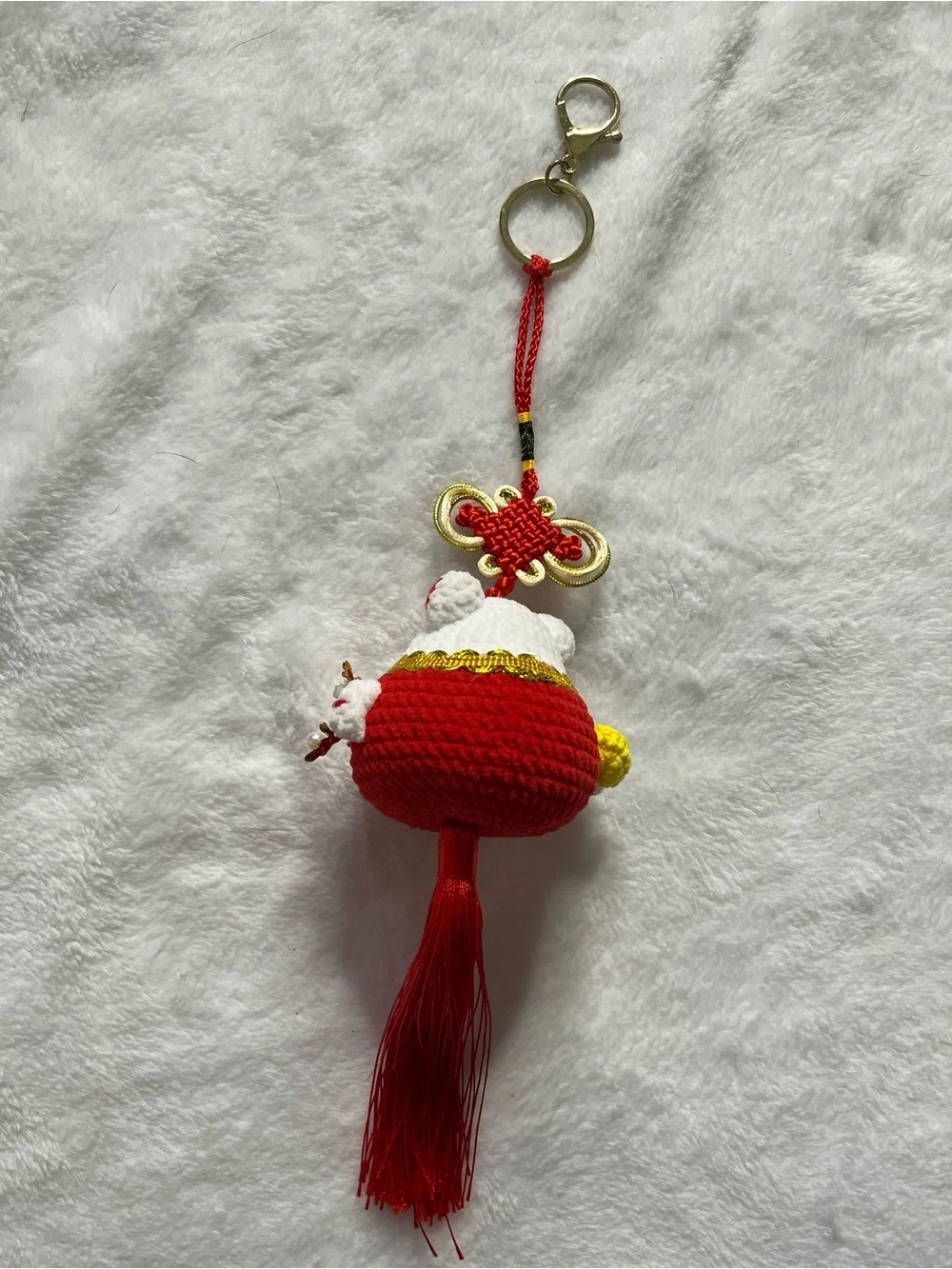 Chinese lucky cat new year Red and White Plush Cat Keychain Charm/car charm